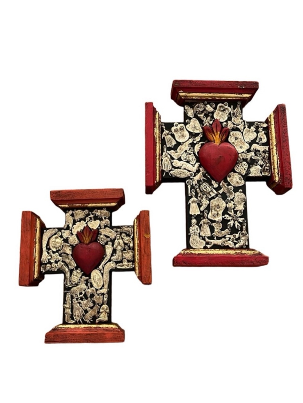 NWOT Set of 2 Mexican Crosses with Milagros and Sacred Heart